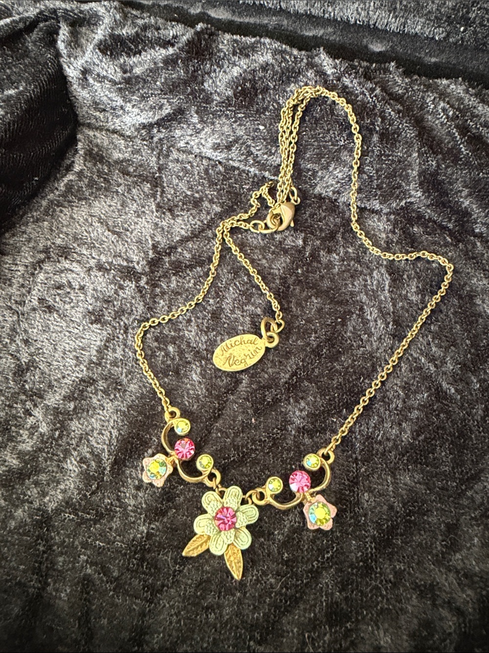 Michal Negrin Gold Necklace with Pink and Green Crystal Flowers